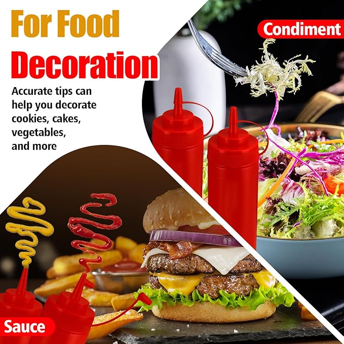 Squeeze Bottles for Sauces,Leak-Proof Condiment Dispenser, BPA-Free Kitchen Restaurant Squeeze Bottle Set with Wide Mouth for Ketchup, Mustard,Syrup,Dressings (Red, 4Pack-24oz(600ml))