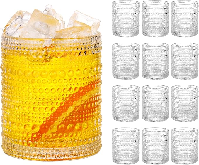 Moretoes Hobnail Drinking Glasses Set of 12 | Cocktail Glasses Vintage Glassware, Textured Glass Cups Bubble Glasses Water Glasses Old Fashion Jupiter Glasses Set (Clear) by Moretoes