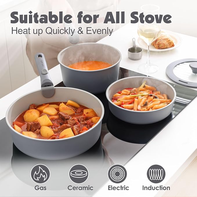SENSARTE 24 Piece Ceramic Detachable Handle Pots and Pans Set Gray | Ceramic Cookware Set, Induction Cookware Set with Removable Handle, Healthy Non Stick for RV, Dishwasher ＆ Oven Safe - Image 6