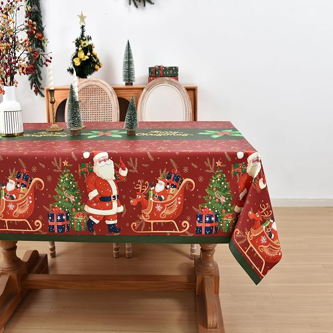 Christmas Tablecloth Heavy Duty Vinyl Red 54x108 inch Square Christmas Table Cloth Reusable Waterproof Foldable Plastic Tablecloths PVC Xmas Table Cover for New Year Party Decor by Yofori