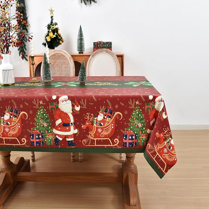 Christmas Tablecloth Heavy Duty Vinyl Red 54x72 inch Square Christmas Table Cloth Reusable Waterproof Foldable Plastic Tablecloths PVC Xmas Table Cover for New Year Party Decor by Yofori