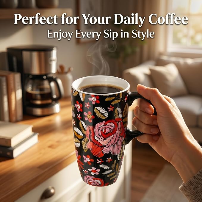 Topadorn Ceramic Travel Mug with Lid, 17oz Embroidered Floral Mug | 17oz Ceramic Travel Mug • Embroidered Floral Design • Coffee Mug with Lid • Microwave & Dishwasher Safe • Gift Box - Image 5