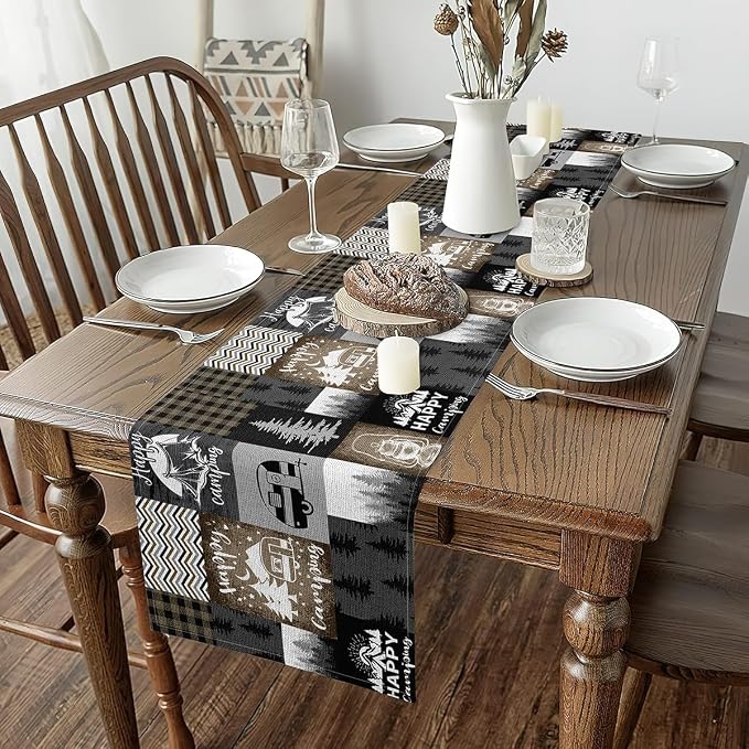 Feelyou Happy Camping Table Runner 108x13 Inch Kids Camper Decorations Indoor Outdoor Party Supply Wood Grain Home Kitchen Dining Decor Botanical Tree Black Brown Home Decor - Image 2