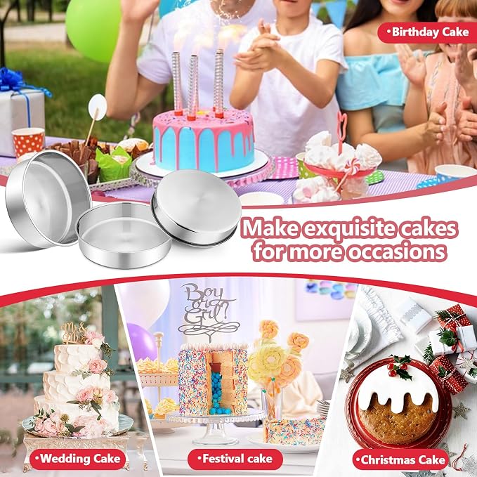 P&P CHEF 8 Inch Round Cake Pan Set of 3, Stainless Steel Baking Cake Pans | Round Baking Cake Pan Bakeware for Layer Birthday Cake, Fit Oven/Pots/Pressure Cooker, Leakproof & Dishwasher Safe, Silver - Image 6