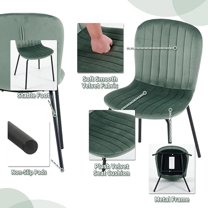 Green Velvet Dining Chairs Set of 4, Modern Kitchen Chairs with Metal Legs, Space-Saving Small Armless Chairs for Dining Living Room Apartment Restaurant - Image 3