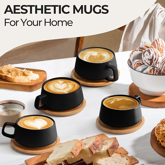 MIAMIO - Cappuccino Cup Set of 4, Ceramic (11oz), Wide - Luxe (Black) | Ceramic cappuccino cups and saucers, wide latte cups and mugs for Americano, 4-piece set of ceramic cups, dishwasher safe - Image 2