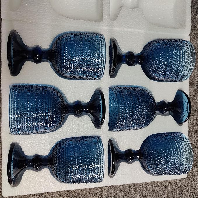 Taganov Glasses Drinking Wine Water Goblets Glassware set of 6 Vintage Stem Glasses Stemware 12 Ounces for Wedding Party Bar Twill Pattern Striped 350 ml (Blue) - Image 7
