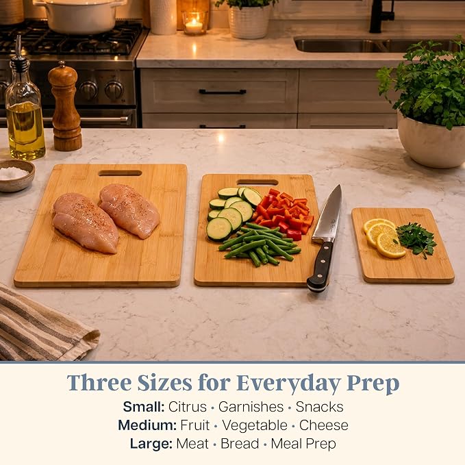 Totally Bamboo Cutting Board Set, 3 Reversible Cutting Boards for Kitchen | Small, medium & large bamboo boards for everyday meal prep. Smooth, knife-friendly surface for meat, produce, cheese & bread. - Image 2