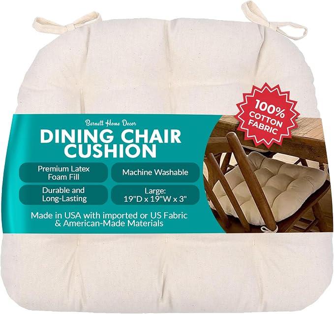 Barnett Home Decor Cotton Duck Natural Dining Chair Pad with Ties - 19 x 19 Size Large Chair Cushion - Latex Foam Fill - Solid Color Ivory, 100% Cotton, Made in USA (Unbleached Cotton) by BarnettHomeDecor
