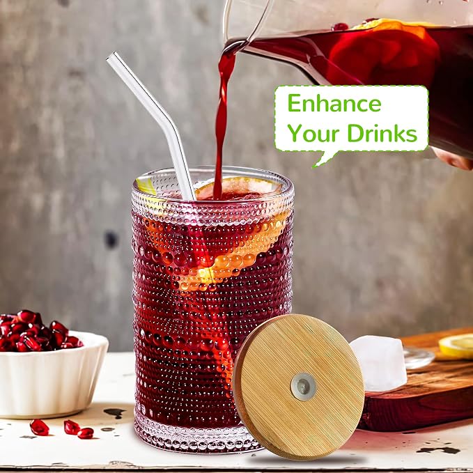 Hobnail Drinking Glasses with Bamboo Lids and Glass Straw 4Pcs Set - 14oz Vintage Glass Cups, Water Glasses, Iced Coffee Glasses, Cute Tumbler Cup, Ideal for Cocktail, Whiskey, Gift - Cleaning Brushes - Image 5