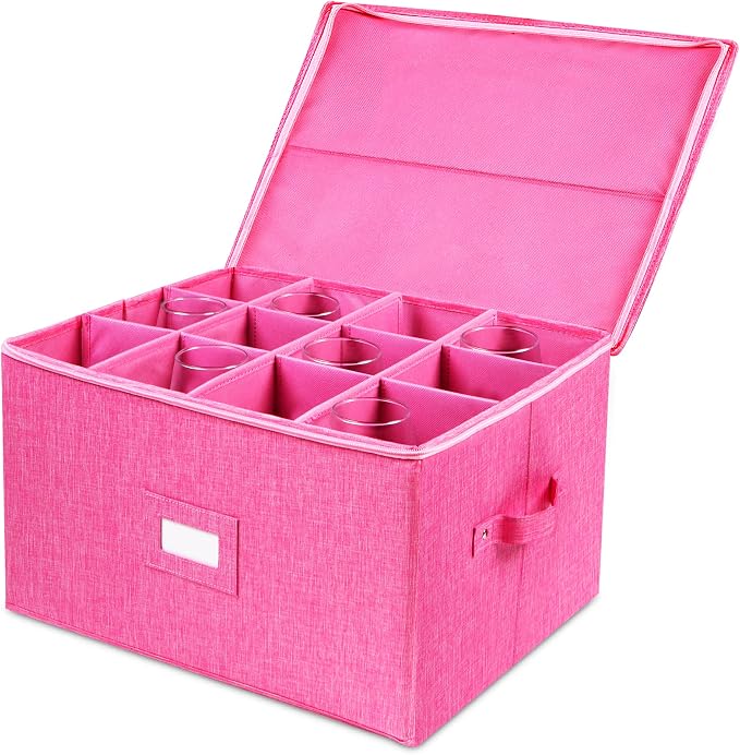 Wine Glass Storage Box, Stemware Storage Containers Cases with Dividers | Stackable Moving Supplies for 12 Wine Glasses, Drinkware , Glassware or Crystal, Hard Top and Stackable (Pink) by popoly