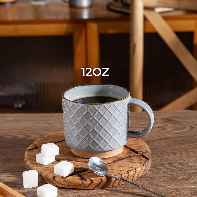 GBhome 12 OZ Stackable Coffee Mugs Set of 4, Ceramic Coffee Cups Set | 4 Assorted Designs, Embossed Mugs with Texture Patterns for Tea/Coffee, Dishwasher&Microwave Safe, Gray - Image 2