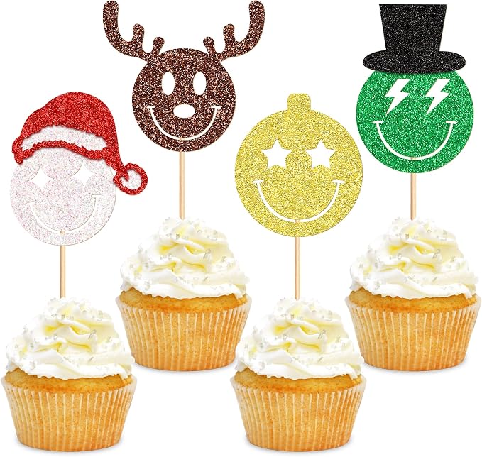 24 Pack Christmas Cupcake Toppers -Antler、Disco Ball、Santa's Hat、Picks Merry Christmas Theme Holiday Baby Shower Birthday Party Cake Decorations Supplies by Cyodoos