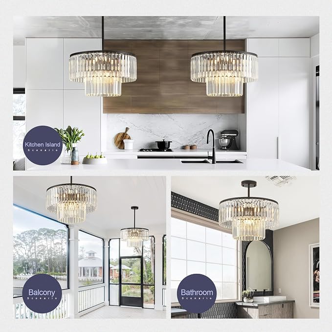 17.7" Black Semi Flush Mount 2-Tier Crystal Ceiling Light Fixtures for Dining Room Modern Luxury 8-Light Chandeliers Lighting for Bedroom Entryway Hallway Kitchen Island Living Room Foyer - Image 7