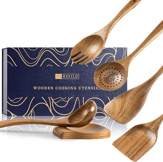 Wooden Spoons for Cooking, 6-Piece Acacia Wood Utensil Gift Set | Spoons and spatulas stir, mix, flip and serve; gift-ready box makes it ideal for housewarmings, weddings and new kitchens. by HEFILD
