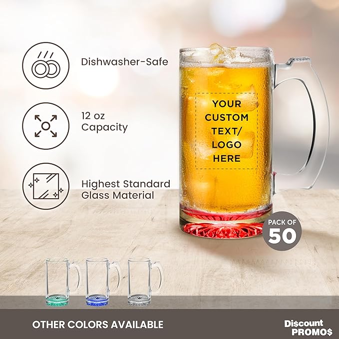 50 Libbey Beer Mugs Set, 12 oz. - Customizable Text, Logo - Groomsmen Glassware - Red