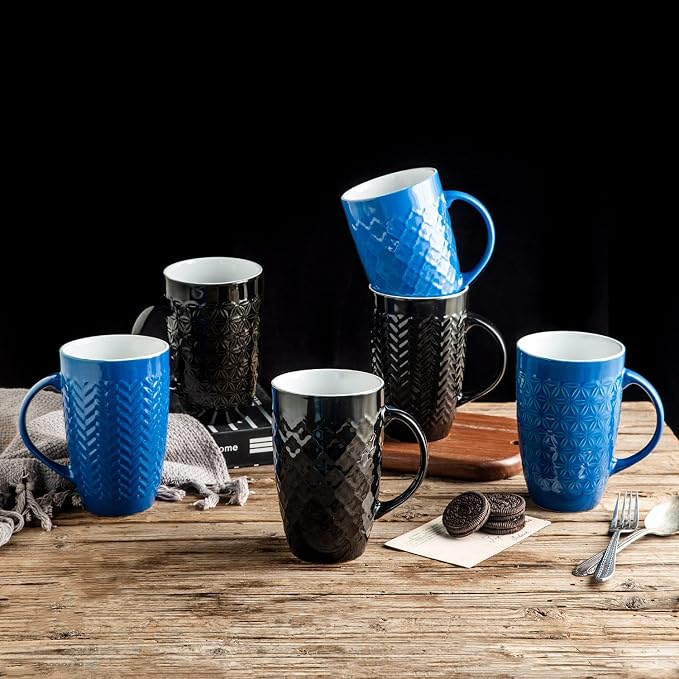 AmorArc Large Coffee Mugs Set of 6, 20oz Ceramic Tall Coffee Mugs Set with Textured Geometric Patterns for Latte/Tea/Beer/Hot Cocoa, Dishwasher & Microwave Safe, Multi - Image 6