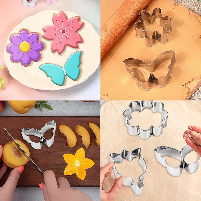 6 PCS Flower Cookie Cutters Set, Stainless Steel Flowers Cookie Cutters, Butterfly Cherry Blossom Tulip Daisy Shaped Baking Tools for Home Baking, Party Favors (Flower & Butterfly)