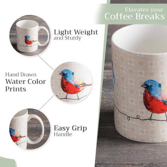 Maison d' Hermine Coffee Mug with Handles Tea Cups (12 Ounce, Pack of 2) | Fine Bone China Coffee Mugs for Hot Beverages Cappuccino Latte Home Restaurant Hotel Spring Summer -Birdies on Wire - Image 5