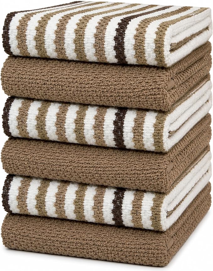 Bumble Kitchen Towels 6 Pack 100% Cotton 16"x26" - Tan Wide Stripe | 430 GSM Soft Kitchen Hand Towels with Hanging Loop, Highly Absorbent & Durable for Washing and Drying Dishes by BumbleTowels