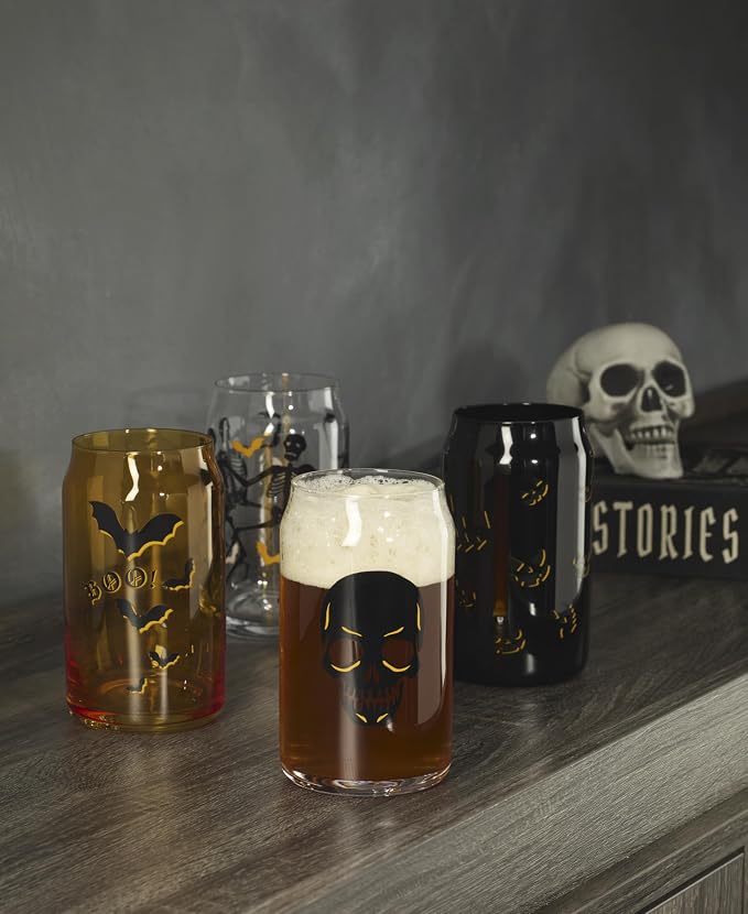 Oneida Vintro Halloween Can Cooler Glasses, 16oz, Set of 4 | dishwasher safe | skeleton and bat designs | halloween party glassware | 5.75 inch, 16oz, halloween kitchen decor - Image 3