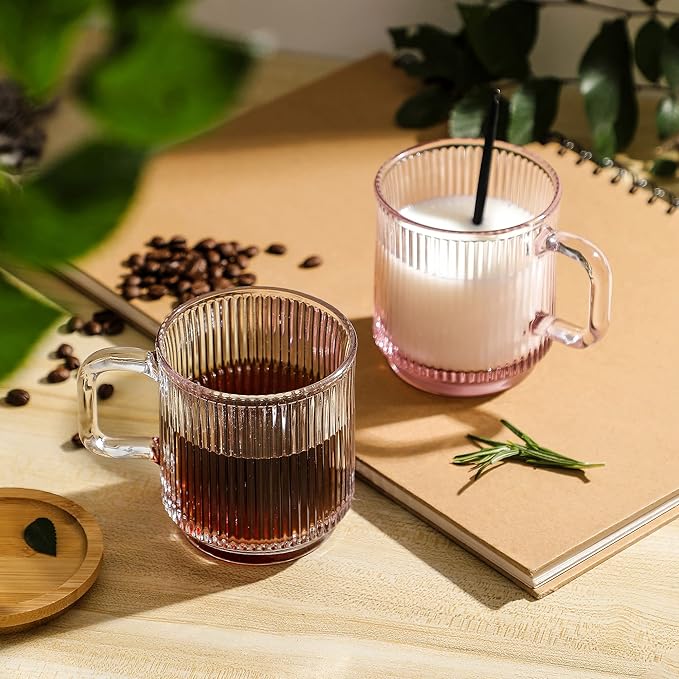 Lysenn Clear Glass Coffee Mug with Lid - Premium Classical Vertical Stripes Glass Tea Cup - for |Latte|Tea|Chocolate|Juice|Water| - Unleaded - Bamboo Lid - 12.5 Ounces