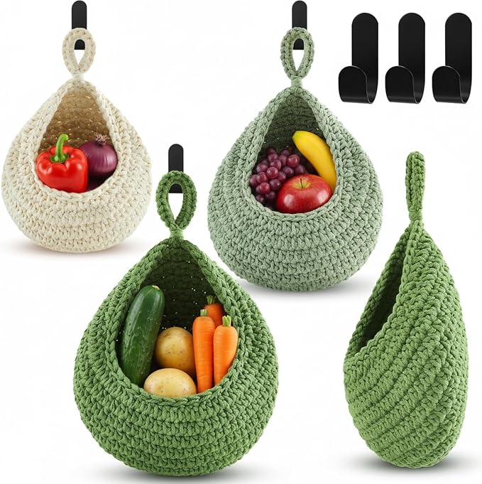 Honeydak Boho Decor Hanging Wall Baskets for Kitchen 3 Pack Teardrop Baskets with Hooks Storage Fruit Onion Vegetable Potato for Home by Honeydak