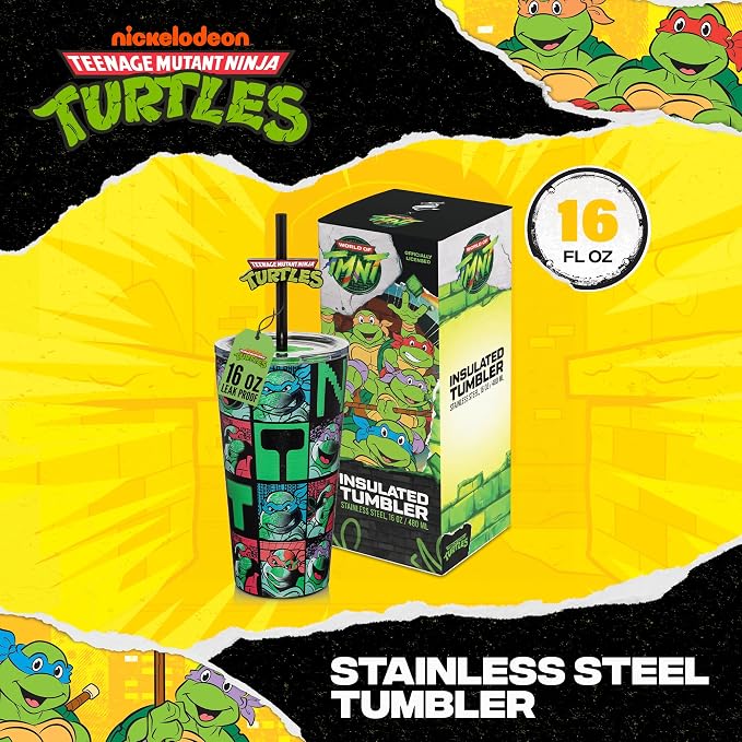 Dragon Glassware x Teenage Mutant Ninja Turtles Insulated Tumbler, 16 oz | Vacuum Insulated Stainless Steel Tumbler with Straw & Lid; Double Walled TMNT Tumbler with Straw Topper; Ninja Turtle Cup - Image 2