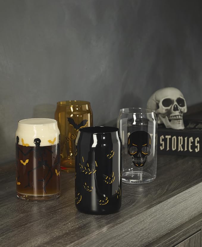 Oneida Vintro Halloween Can Cooler Glasses, 16oz, Set of 4 | dishwasher safe | skeleton and bat designs | halloween party glassware | 5.75 inch, 16oz, halloween kitchen decor - Image 4