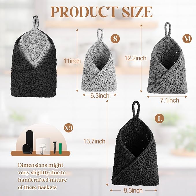 Honeydak Boho Decor Hanging Wall Baskets for Kitchen 3 Pack Teardrop Baskets with Hooks Storage Fruit Onion Vegetable Potato for Home(Light Grey, White, Dark Grey,Triangle,Cotton Rope) - Image 2