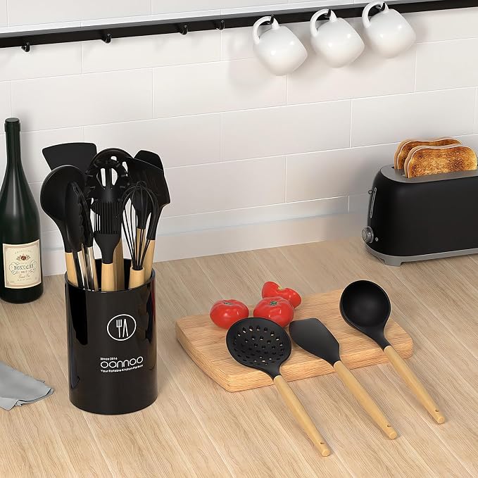 oannao Silicone Cooking Utensils Set Utensil Sets - 446°F Heat Resistant Silicone Kitchen Utensils Set Wooden Handles, Silicone Utensils for Cooking w Holder for Non-Stick Cookware BPA FREE (Black) - Image 4