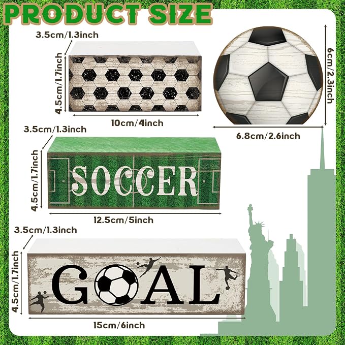 Moucuny 4 Pcs Soccer Party Decorations Soccer Table Centerpiece Football Tiered Tray Decor Wooden Ball Block Signs Gift Sports Themed Table Decorations for Boys Baby Shower Party Supplies Decor - Image 3
