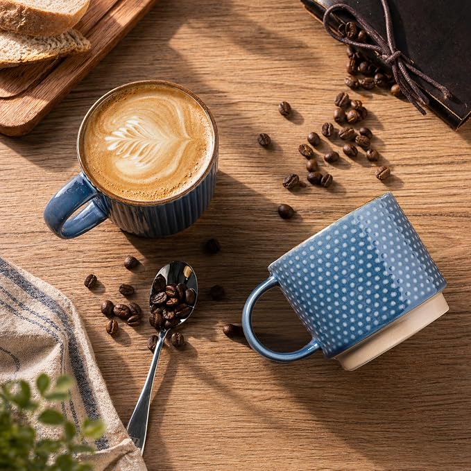 GBhome 12 OZ Stackable Coffee Mugs, Ceramic Coffee Mugs with Texture Patterns for Man,Woman,Dad,Mom, Modern Coffee Cups Set of 4 for Latte/Cappuccino/Cocoa. Dishwasher&Microwave Safe | 4 Assorted Designs, Embossed Mugs with Texture Patterns for Tea/Cof... - Image 2
