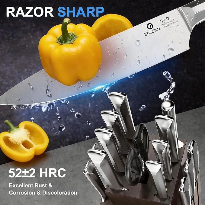 imarku 16-Pieces High Carbon Japanese Stainless Steel Knife Set with Block | Kitchen Knife Set|15°Precision Edge |56±2 HRC Hardness|Built-in Sharpener|Ergonomic Handles|Gifts Mom & Dad - Image 2