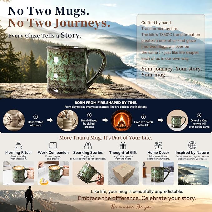 Unique Reactive Glaze Ceramic Coffee Mug - 15 oz Large Coffee Cup with Ergonomic Large Handle, Forest Green Ceramic Mug for Office & Home, Great Birthday Gift for Women, Men & Friends - Image 3