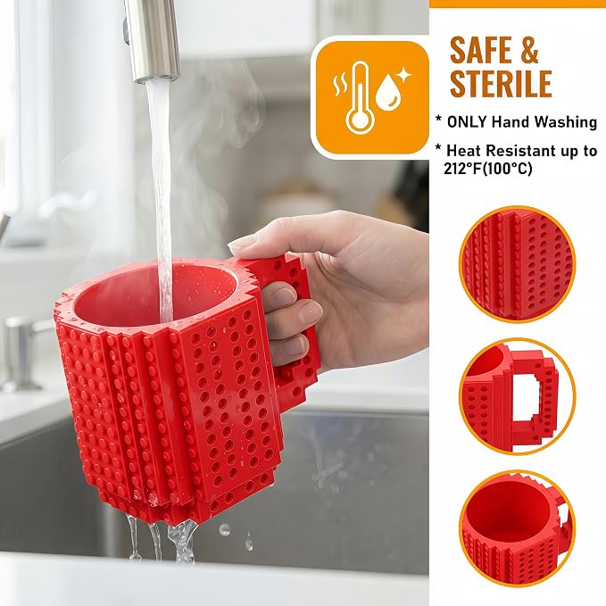 Lumsburry Build-on Brick Coffee Mug, Funny DIY Unique Novelty Drinking Cup | Building Blocks Creative Mug, for Men Women Kids Dad Mom, Present Exchange Ideas, Xmas Birthday White Elephant(Red) - Image 3