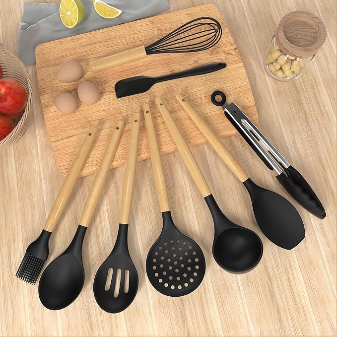 oannao Silicone Cooking Utensils Set Utensil Sets - 446°F Heat Resistant Silicone Kitchen Utensils Set Wooden Handles, Silicone Utensils for Cooking w Holder for Non-Stick Cookware BPA FREE (Black) - Image 6