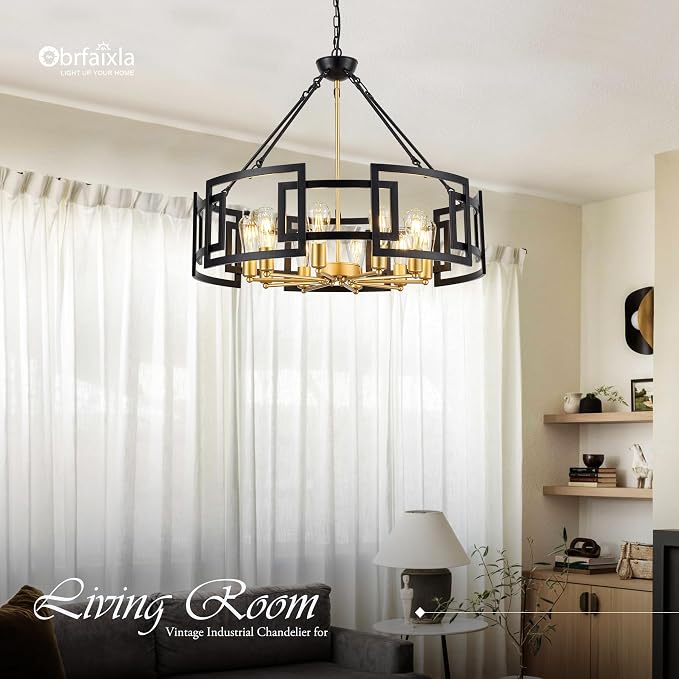 Modern 31.5" Black Gold Chandelier for Dining Room Large Industrial Vintage 6-Light Round Ceiling Mount Pendant Light Fixture for Kitchen Bedroom Living Room Stairway Hallway Entryway Foyer - Image 4