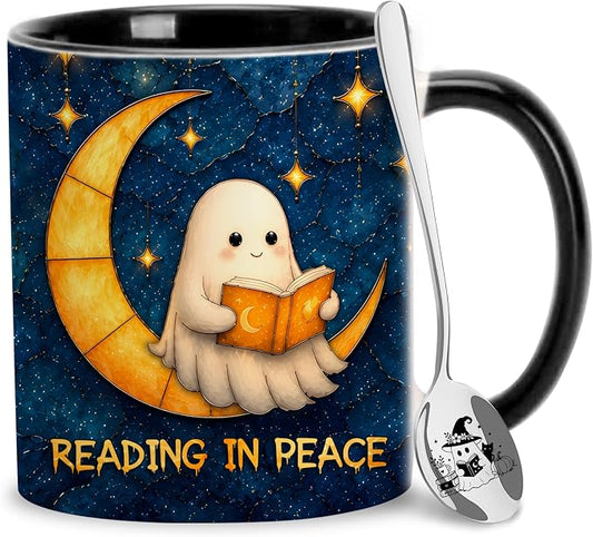 Hyturtle Cute Ghost Reading Mug with Spoon Gift for Book Lover on Halloween | Spooky Ghost Reading Themed Gifts for Readers, Halloween Decor, Double-sided print 11oz ceramic mug, Comfort grip handle by Hyturtle