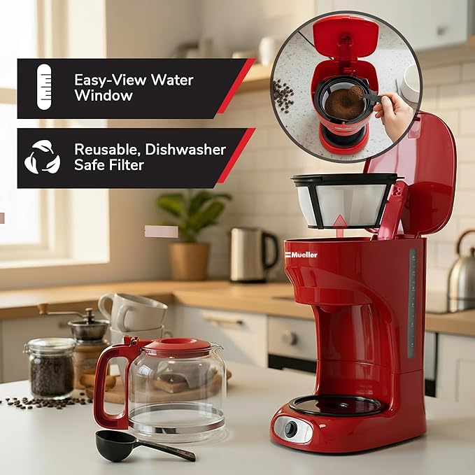 MUELLER HOME 12-Cup Red Coffee Maker | Borosilicate Carafe, Auto-Off, Reusable Filter, Anti-Drip, Keep-Warm Function - Image 5