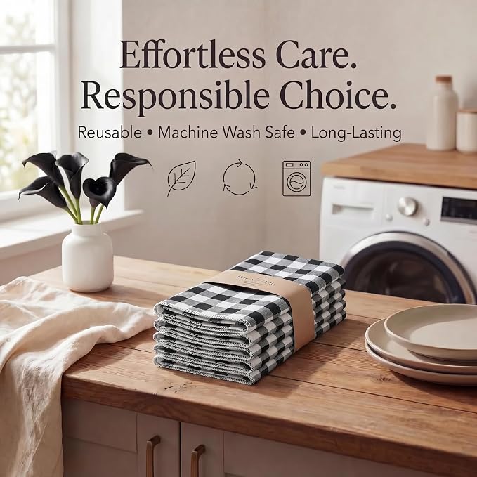 Urban Villa Cloth Napkins Cotton 20x20 (Set of 12) Black Cheks - Image 7