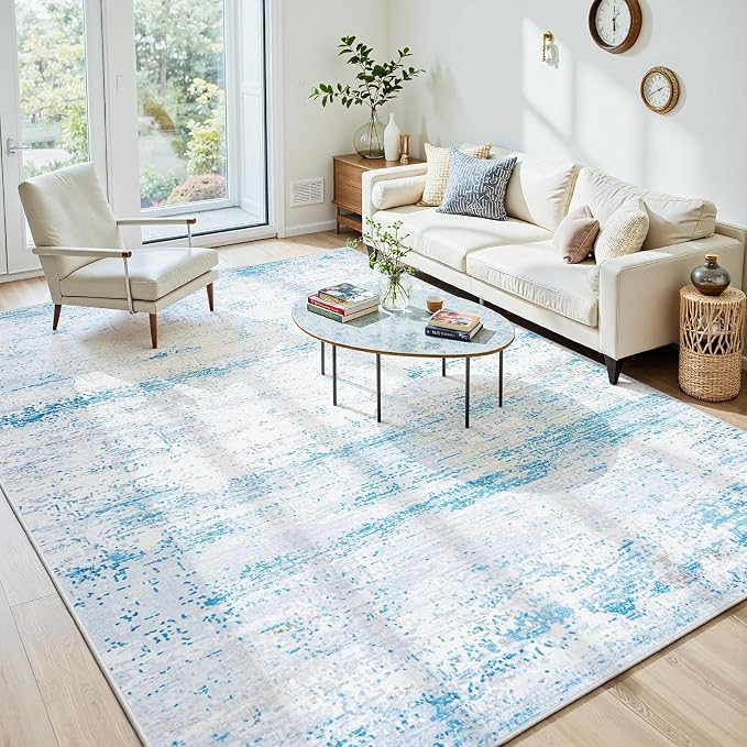 8x10 Washable Area Rug for Living Room Bedroom: Non-Slip Modern Light Blue | Machine Washable TPR Backing, Stain-Resistant Low Pile, Pet & Kid Friendly, Abstract Decor for Dining Room, Dorm, Home Office - Image 2