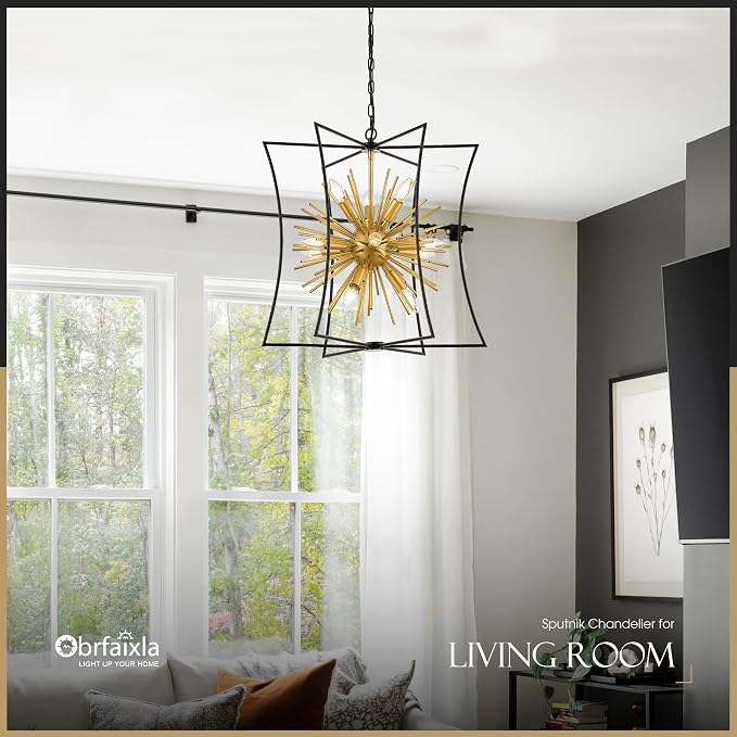Modern 23.2" Black Gold Sputnik Chandelier for Dining Room Industrial Retro Geometric 12-Light Ceiling Pendant Light Fixture for Kitchen Island Bedroom Living Room Hallway Entryway Foyer - Image 5