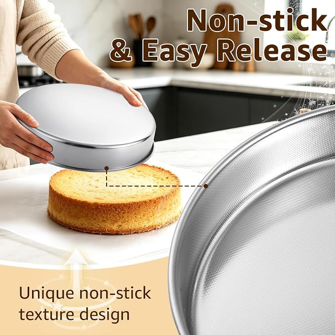 Inqibee 8 Inch Round Cake Pan Set of 2, Stainless Steel Textured Bottom | Tri-ply Stainless Steel, Rolled Rim Layer Cake Bakeware, Oven & Dishwasher Safe, Healthy Non-Toxic for Birthday Wedding Cake - Image 6