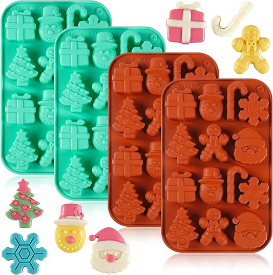 4Pcs Christmas Chocolate Molds, 14-Cavity Silicone Candy Baking Molds Snowflake Cane Snowman Santa Claus Christmas Trees Gingerbread Man Gift Box Shape Mold for Candies, Ice Cubes, Wax Melts