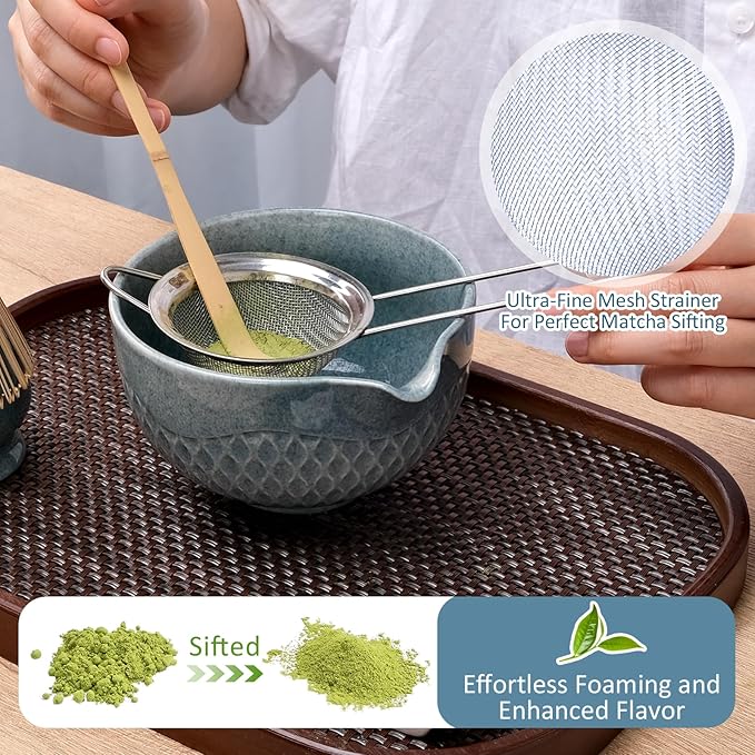 Joyscale Matcha Whisk Set, Matcha Set Whisk And Bowl, 8 Pcs Matcha Kit Set(Texture Design), 16 OZ, Japanese Matcha Tea Set, Matcha Making Kit Gifts for Tea Lovers(Sapphire Blue)