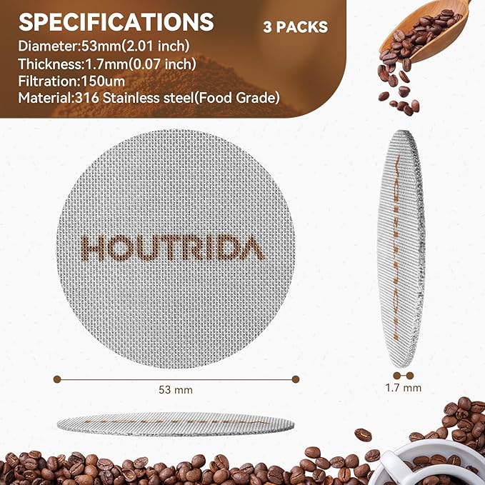 53.5mm Puck Screen 3 Pack, Reusable Espresso Screen 316 Stainless Steel, 1.7mm Thickness Portafilter Mesh 150μm Metal for Espresso 51mm Portafilter Filter Basket