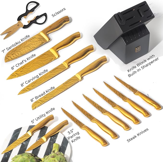 Styled Settings Gold Knives with Etched Leaves Pattern and Sharpener Block | 14-Piece Gold Titanium-Coated Blades with Beautiful Pattern, Ultra-Sharp Stainless Steel, & Stylish Kitchen Knife Block Set - Image 4