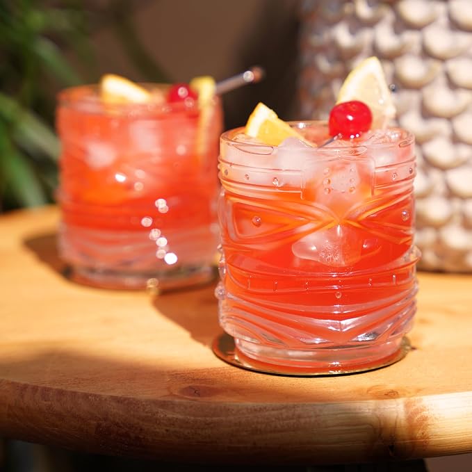 Viski Pacific Tiki Glasses Stackable Lowball DOF Tumblers, Tropical Cocktail and Bar Gifts for Rum and Whiskey, 12 Oz, Set of 2 - Image 4