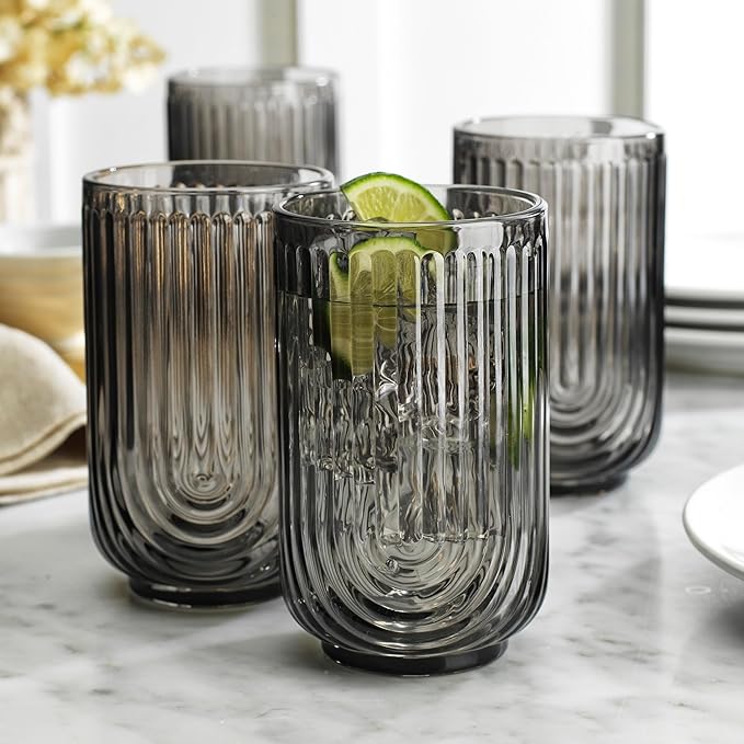 Glaver's 8 Piece Smoke Glassware Set, Art Deco Black Drinking Glasses, Ribbed U-Shape Design, 4 Highball 17oz and 4 Whiskey 11oz DOF Arch Drinkware - Image 6